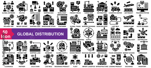 "Global Distribution" icon collection set. Global Network, Trade Routes, Supply Chain, Shipping Box, World Map icon. Simple Glyphvector.