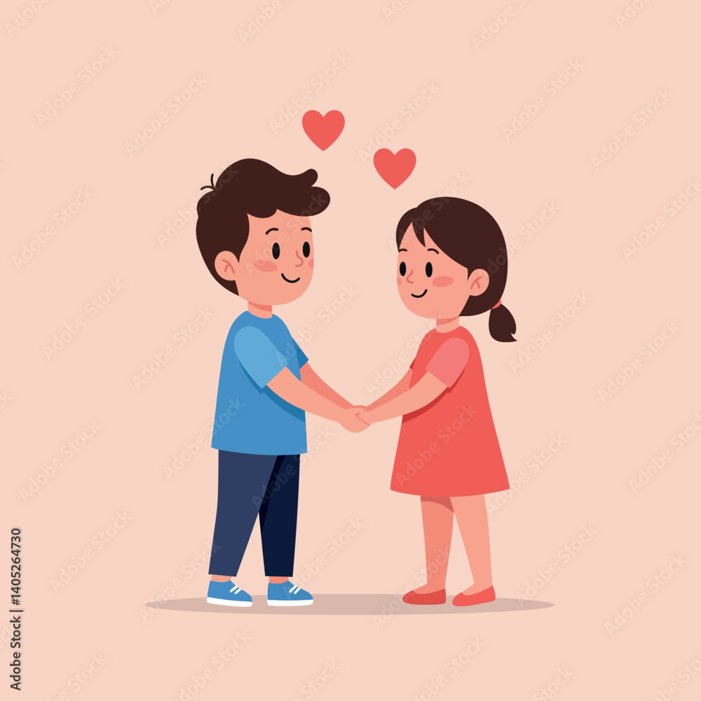 Two children holding hands with smiles on their faces in a flat, cheerful design showcasing friendship and affection in vector art Two children holding hands with smiles on their faces in a flat, cheerful design showcasing friendship and affection in vector art