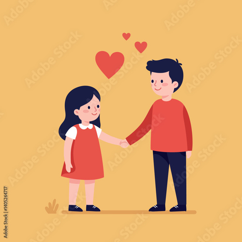 Two children holding hands in a playful setting with hearts floating above them in a minimal flat vector illustration