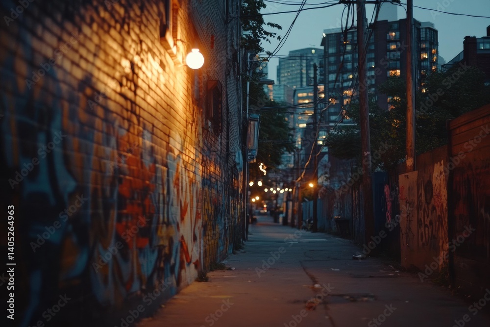 Urban alleyway illuminated by streetlights at twilight.