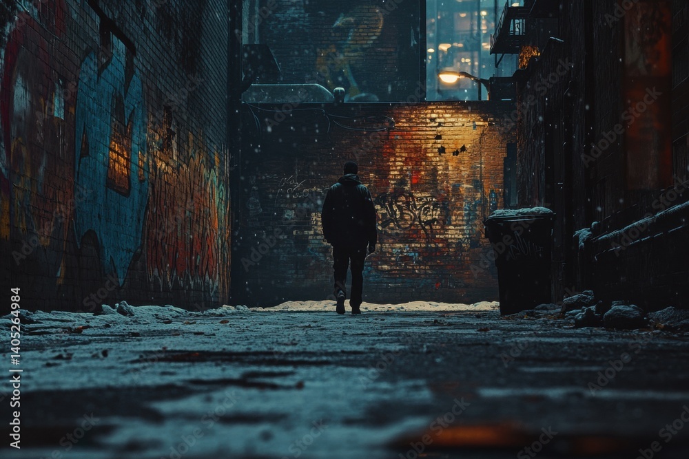 A solitary figure walks a dark, graffiti-covered alleyway in the snow.
