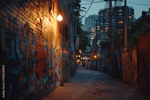 Obraz na płótnie Urban alleyway illuminated by streetlights at twilight. w salonie