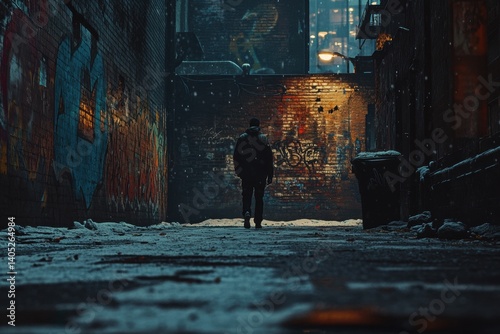 Obraz na płótnie A solitary figure walks a dark, graffiti-covered alleyway in the snow. w salonie