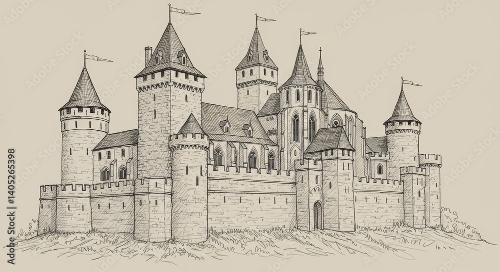 Medieval European Castle Line Art Drawing Medieval European Castle Line Art Drawing