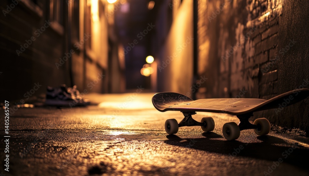 Urban alleyway at night, featuring a skateboard.