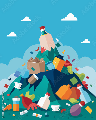 An overflowing landfill with mounds of plastic bags packaging materials and other disposable items.. Vector illustration