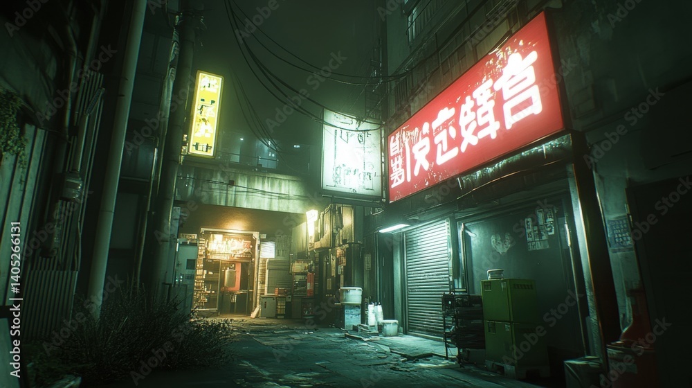 Nighttime alleyway scene in a dimly lit Asian city.
