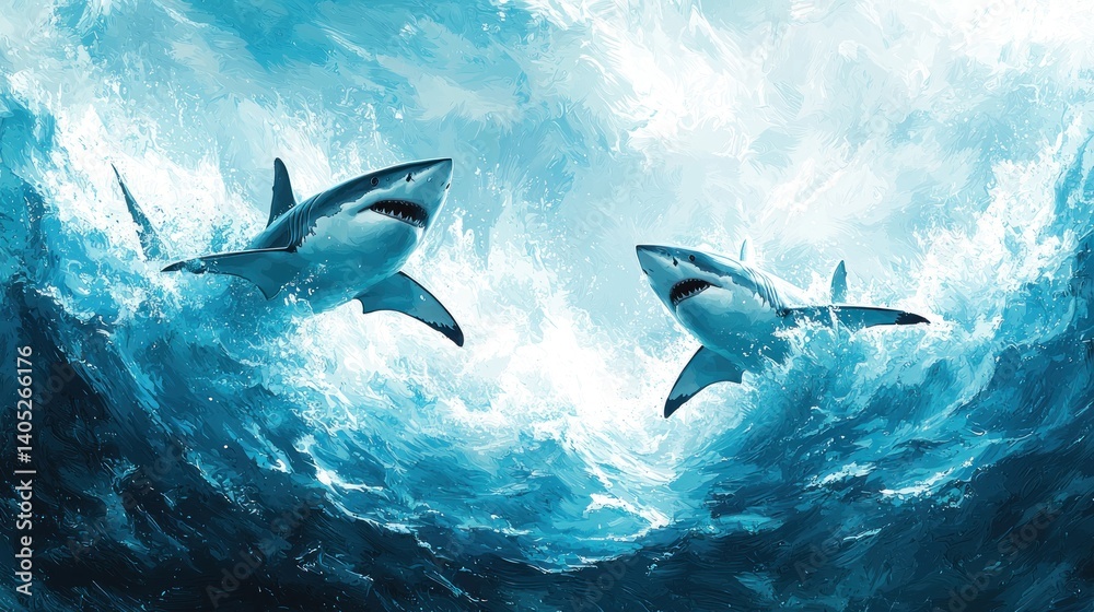 Fototapeta premium Majestic Sharks Leaping Through Ocean Waves: A breathtaking underwater scene