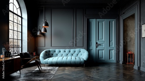 Dark, moody living room with a luxurious teal blue sofa and elegant details