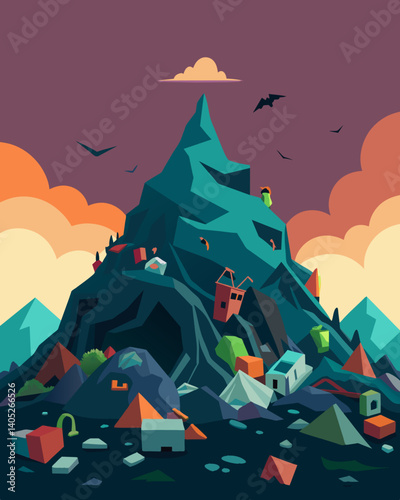 A surreal and unsettling view with landfills resembling mountains and valleys except made entirely of trash.. Vector illustration