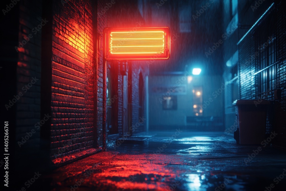 Neon-lit alleyway scene at night, shrouded in rain.