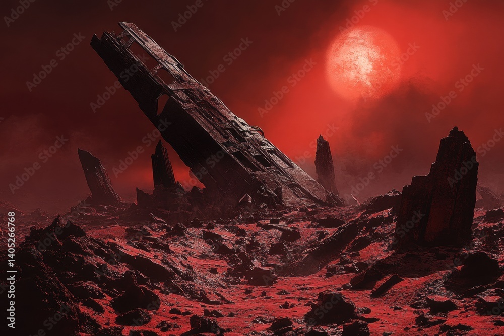 Red alien landscape with a crashed spaceship.