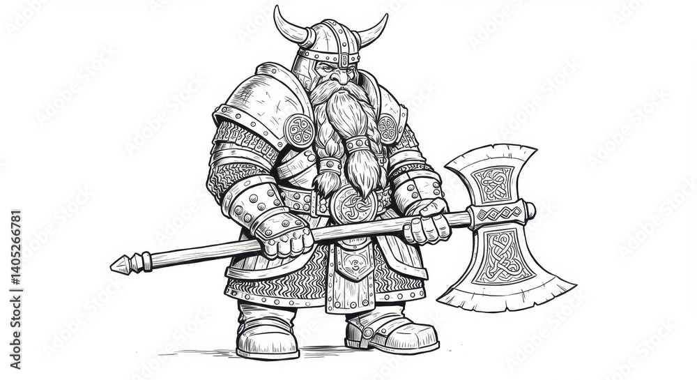 Obraz premium Dwarven Warrior with Axe Line Art