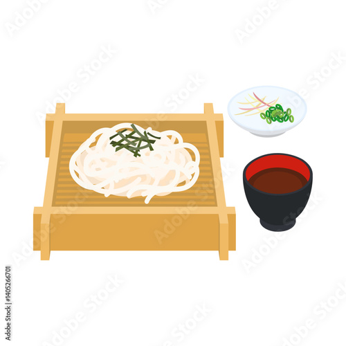 ざるうどん。フラットなベクターイラスト。
Chilled udon noodles. Flat vector illustration.