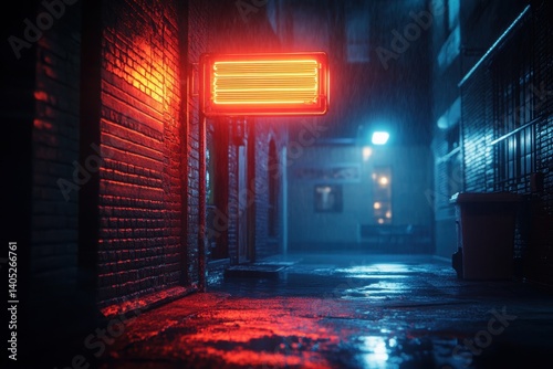 Neon-lit alleyway scene at night, shrouded in rain.
