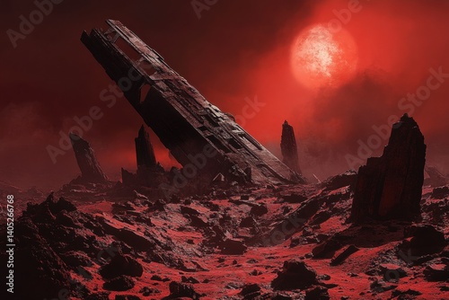 Obraz na płótnie Red alien landscape with a crashed spaceship. w salonie