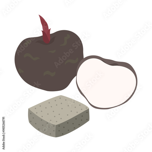 こんにゃくとこんにゃく芋。フラットなベクターイラスト。
Konjac and konjac yam. Flat vector illustration.