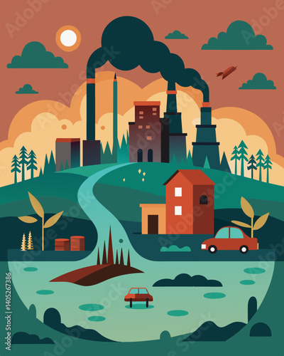 A once vibrant community now struggling under the weight of pollution and decline caused by industrial sprawl.. Vector illustration