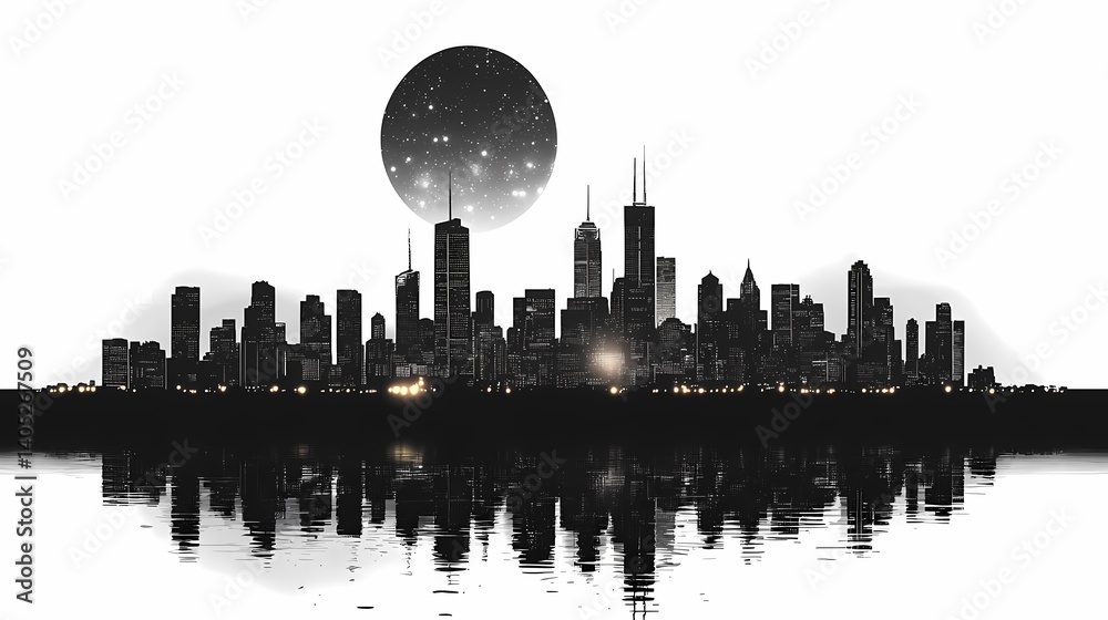 Obraz premium Starry Night Skyline. Black and White Urban Cityscape Silhouette with Moon and Reflection