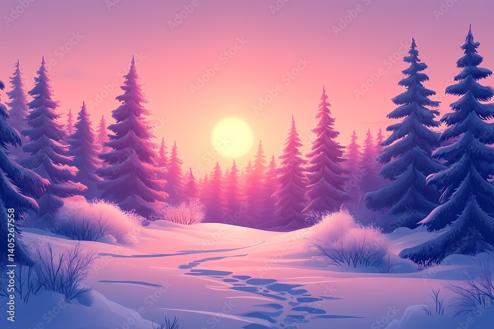 Naklejka premium Majestic Winter Wonderland. Pine Trees and Snowy Pathway at Sunset - Tranquil Forest Scenery with Pastel Colors & Dusk Silhouettes