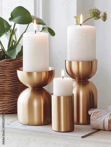 Metallic candle holders with bright white candles for a chic look 