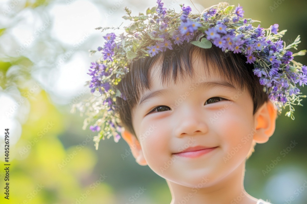 Morning glow. Happy sunny days holidays visual idea. Smiling asian child boy with tt hair wearing purple flower circlet on his head. Child’s bright and happy vacation. Sunlit happiness for kids. Morning glow. Happy sunny days holidays visual idea. Smiling asian child boy with tt hair wearing purple flower circlet on his head. Child’s bright and happy vacation. Sunlit happiness for kids.