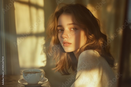 Golden-lit portrait of a young woman with a cup of tea.