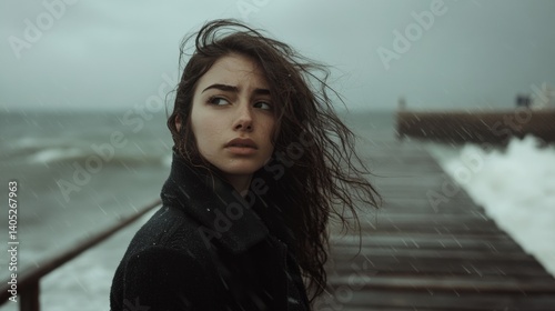 A pensive young woman contemplates the stormy sea.