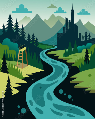 Rivers and streams that once meandered through the forest now run murky and polluted as factories dump their waste into the waterways.. Vector illustration