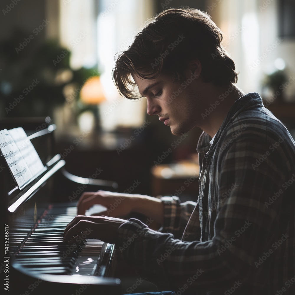 A young man engrossed in piano performance.