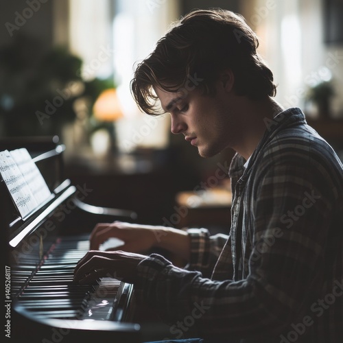 Obraz na płótnie A young man engrossed in piano performance. w salonie