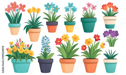 potted flowers. Colorful flowerpots collection of simple hand drawn vector. Botanical plant sets. Flowers in pots. Indoor clipart for gardening, decor.