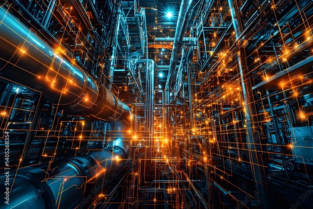 Futuristic industrial pipeline system with glowing connections Futuristic industrial pipeline system with glowing connections