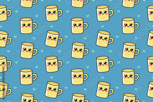 Kawaii seamless pattern with yellow cute vector mugs on blue background with light blue hearts