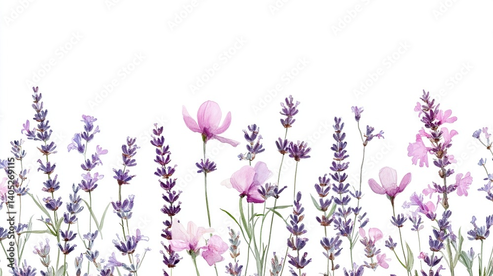 Naklejka premium Lavender and pink flowers border on white.