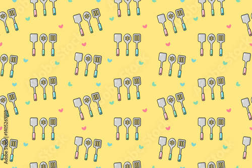 Seamless pattern with slotted spatula and turner illustration isolated on yellow background