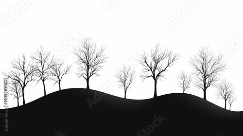 Minimalist Silhouetted Tree in Black and White Winter Landscape. Elegant Natural Art and Scenic Illustration