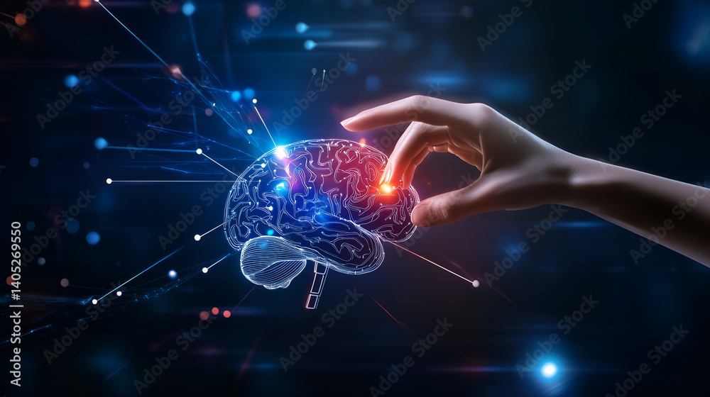 Innovation through touch: A hand delicately interacts with a luminous brain illustration, symbolizing the intersection of ideas, creativity, and technology. representing the cutting edge of discovery. Innovation through touch: A hand delicately interacts with a luminous brain illustration, symbolizing the intersection of ideas, creativity, and technology. representing the cutting edge of discovery.