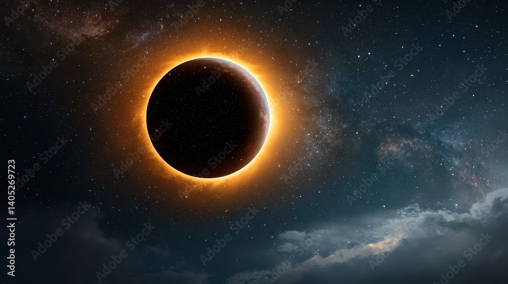 Obraz premium Solar Eclipse at Night Dark Moon Silhouette Against Starry Sky and Clouds