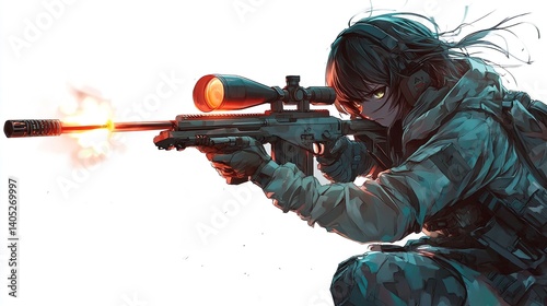 Anime girl sniper firing rifle.