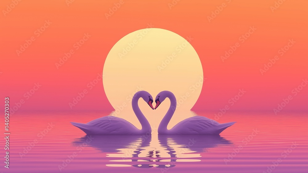 Fototapeta premium Swans create heart shape silhouette against sunset reflection on water