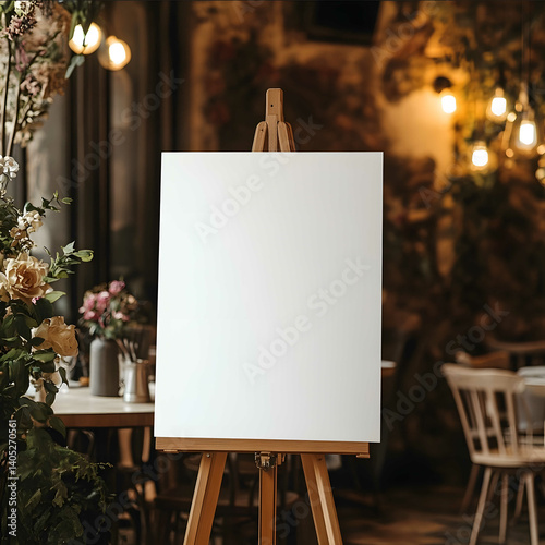a blank white welcome sign mockup size is 24 by 36 inches in portrait orientation on an easel at an italian restaurant during valentines day party