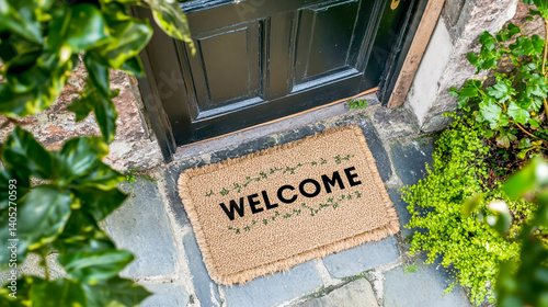 Top-down view of a 'Welcome' mat placed outside an inviting front door of a cozy house