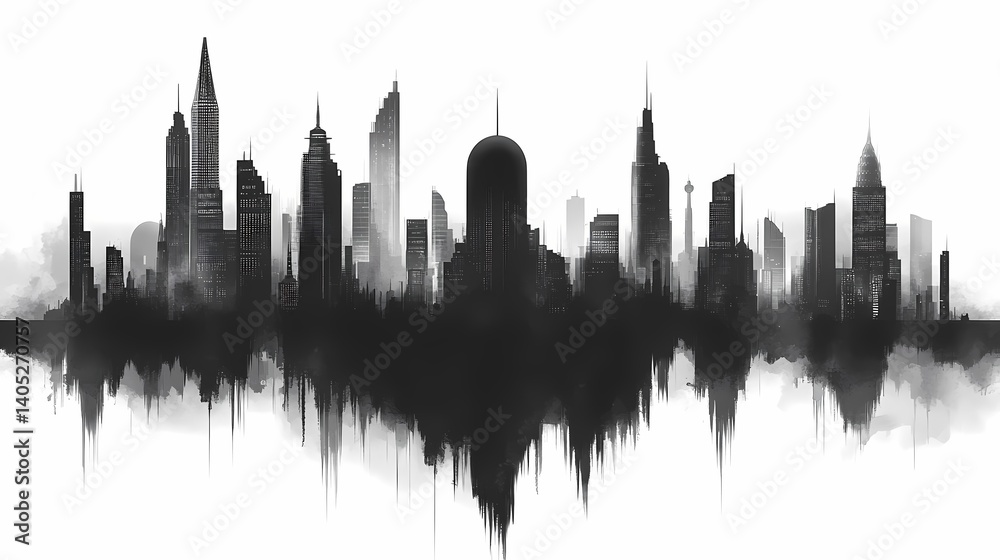 Fototapeta premium Abstract Cityscape Skyline Art. Monochrome Urban Silhouette with Modern Architecture