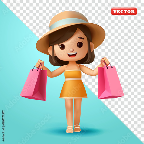 Woman in summer dress carrying shopping bags, 3d vector. Suitable for both holiday and business
