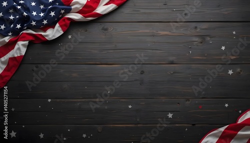 A patriotic tribute, a folded American flag rests on dark wood, subtly adorned with scattered stars, evoking a sense of remembrance and national pride.