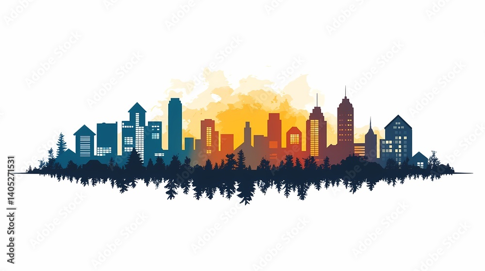 Obraz premium Urban Landscape Sunset. City Skyline Silhouette with Vibrant Colors and Modern Architecture - Cityscape Art and Nature Integration in Twilight Ambiance