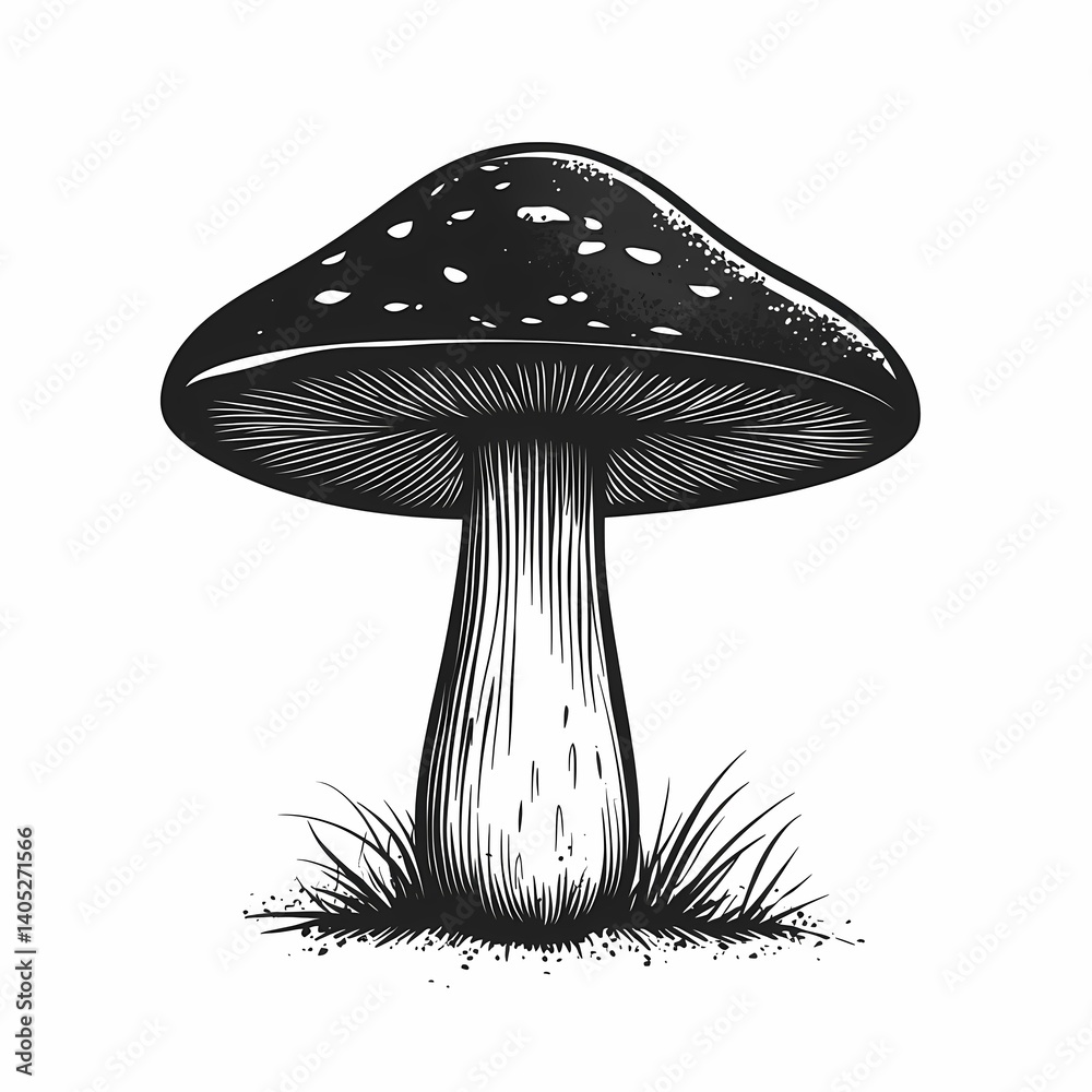 Mushroom Botanical Illustration. Black and White Graphic Depicting Fungi Growth in Nature - Vintage Mycology Art Mushroom Botanical Illustration. Black and White Graphic Depicting Fungi Growth in Nature - Vintage Mycology Art