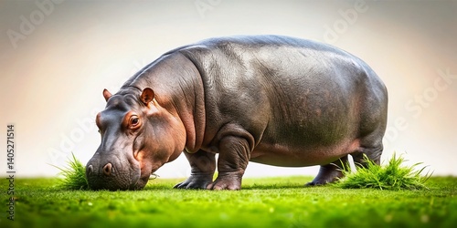 Majestic Hippo: A serene hippo grazes peacefully on lush green grass, a testament to the beauty of wildlife. Capture its magnificence with an eye-level perspective.