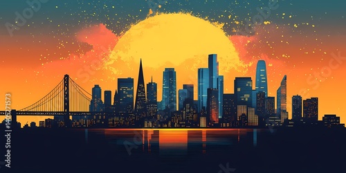 Sunset Cityscape with Vibrant Skyline Reflection. Modern Urban Silhouette and Architecture in Digital Art